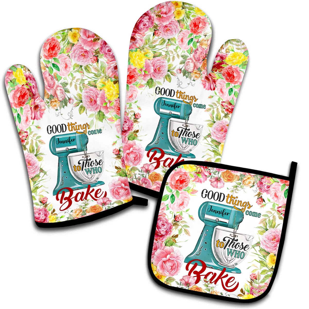 Ensemble de gants de cuisine et maniques personnalisés « Love Baking »