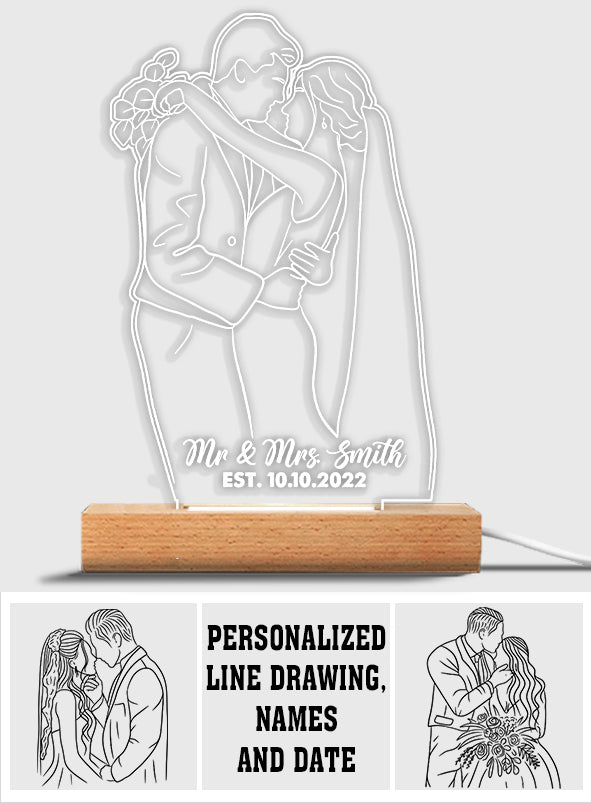 Socle lumineux personnalisé en forme de couple avec dessin au trait
