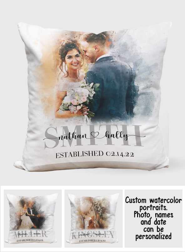 Coussin décoratif de mariage personnalisé avec aquarelle - Cadeau de mariage personnalisé