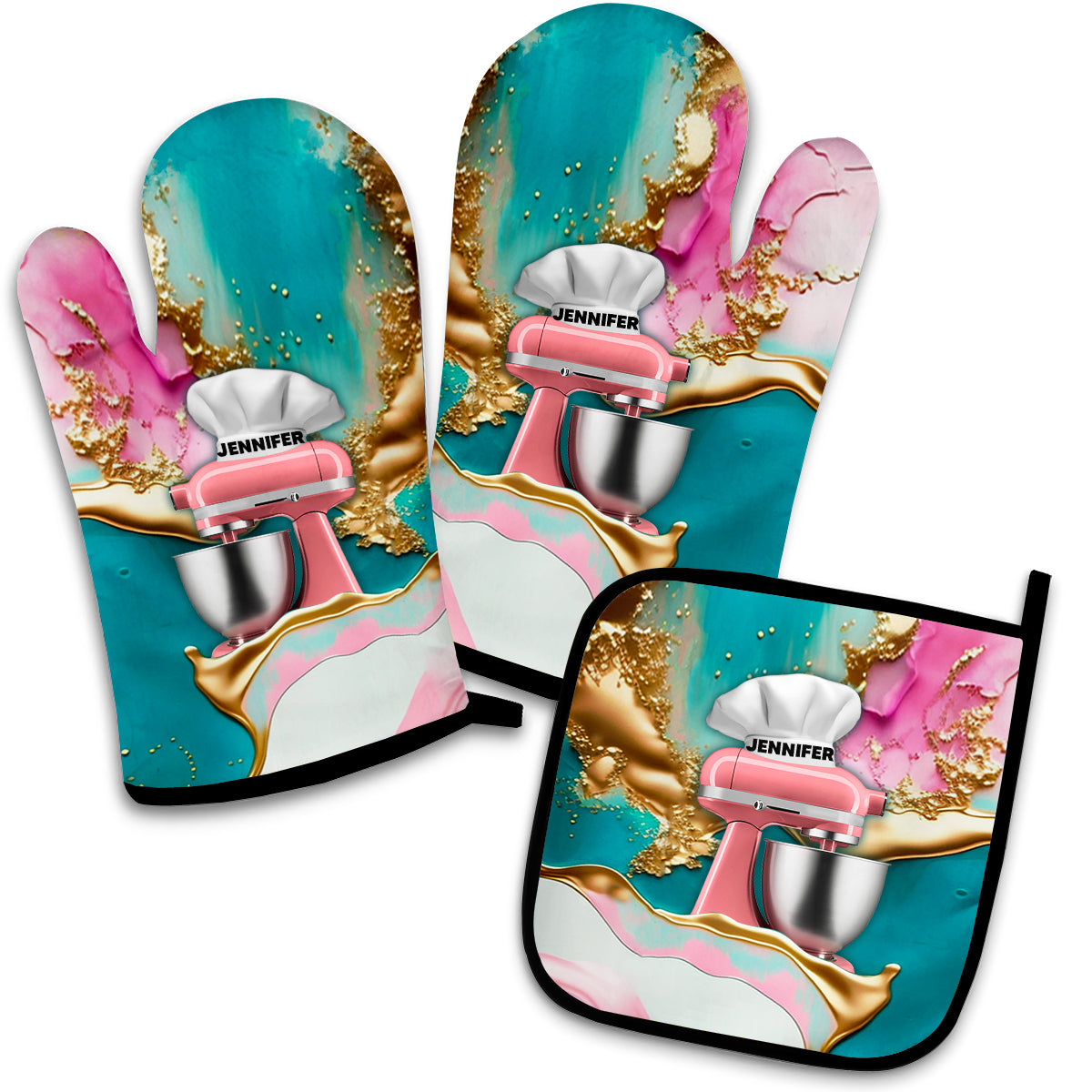 Ensemble de gants de cuisine et maniques personnalisés « Love Baking »