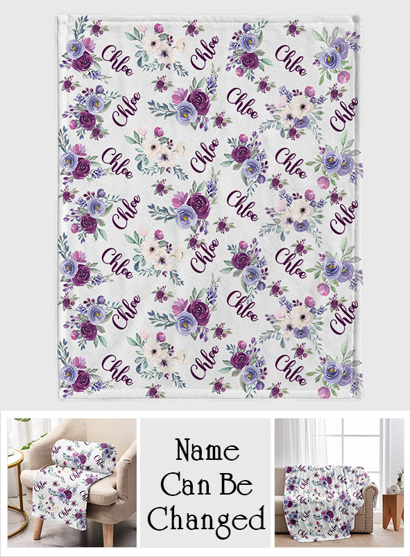 Couverture personnalisée pour chien avec nom de chien et fleurs violettes -