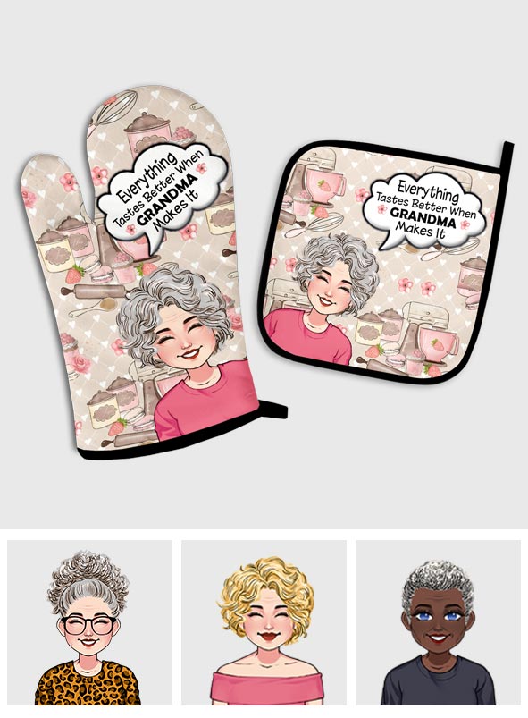 Everything Tastes Better - Gift for grandma - Personalized Oven Mitts & Pot Holder Set