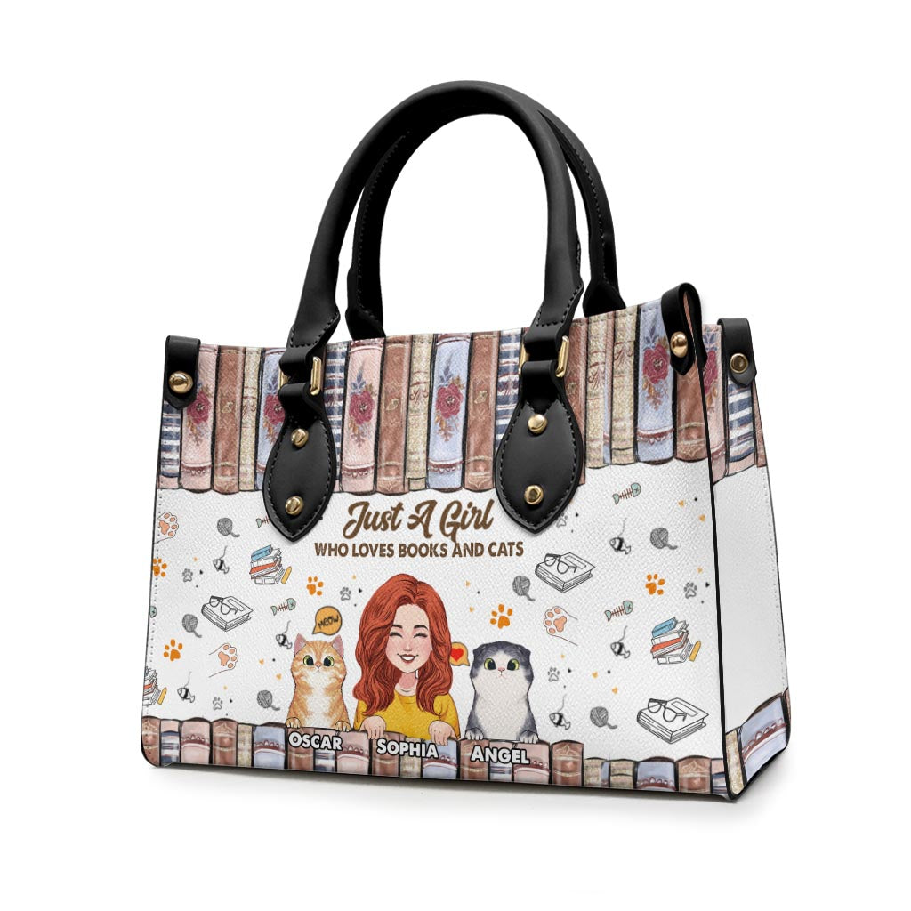 Sac à main en cuir personnalisé « J’aime les livres et les chats »