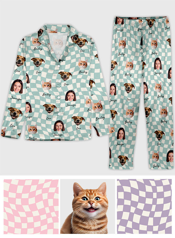Pyjama à boutons personnalisé pour chat, motif à carreaux, avec photo au choix parmi de nombreuses couleurs de fond