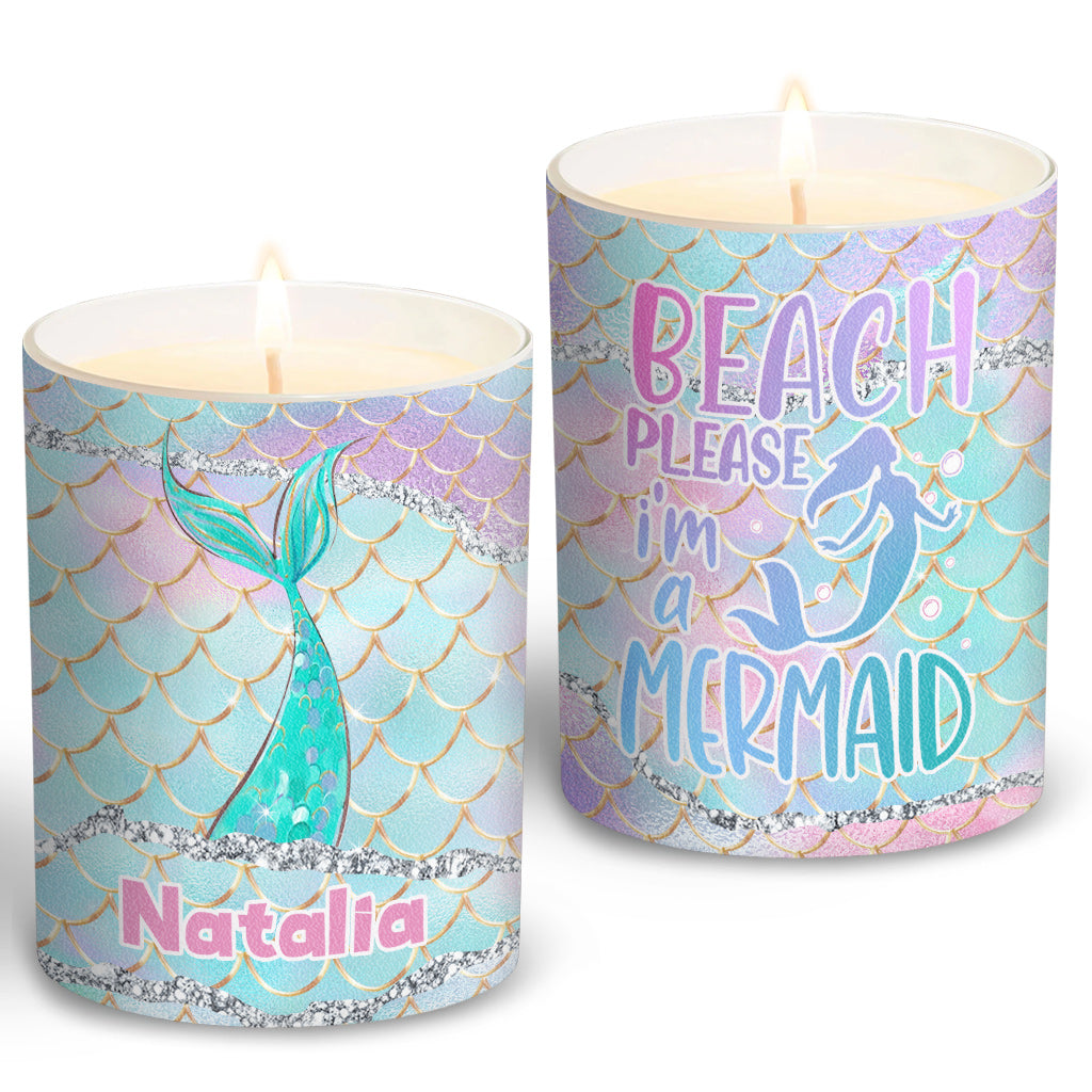 Bougie personnalisée « Beach Please I'm A Mermaid » avec couvercle en bois, idéale pour les amoureux de la mer