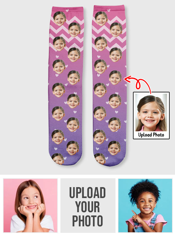 Chaussettes personnalisées pour enfants, motif violet et visage personnalisé