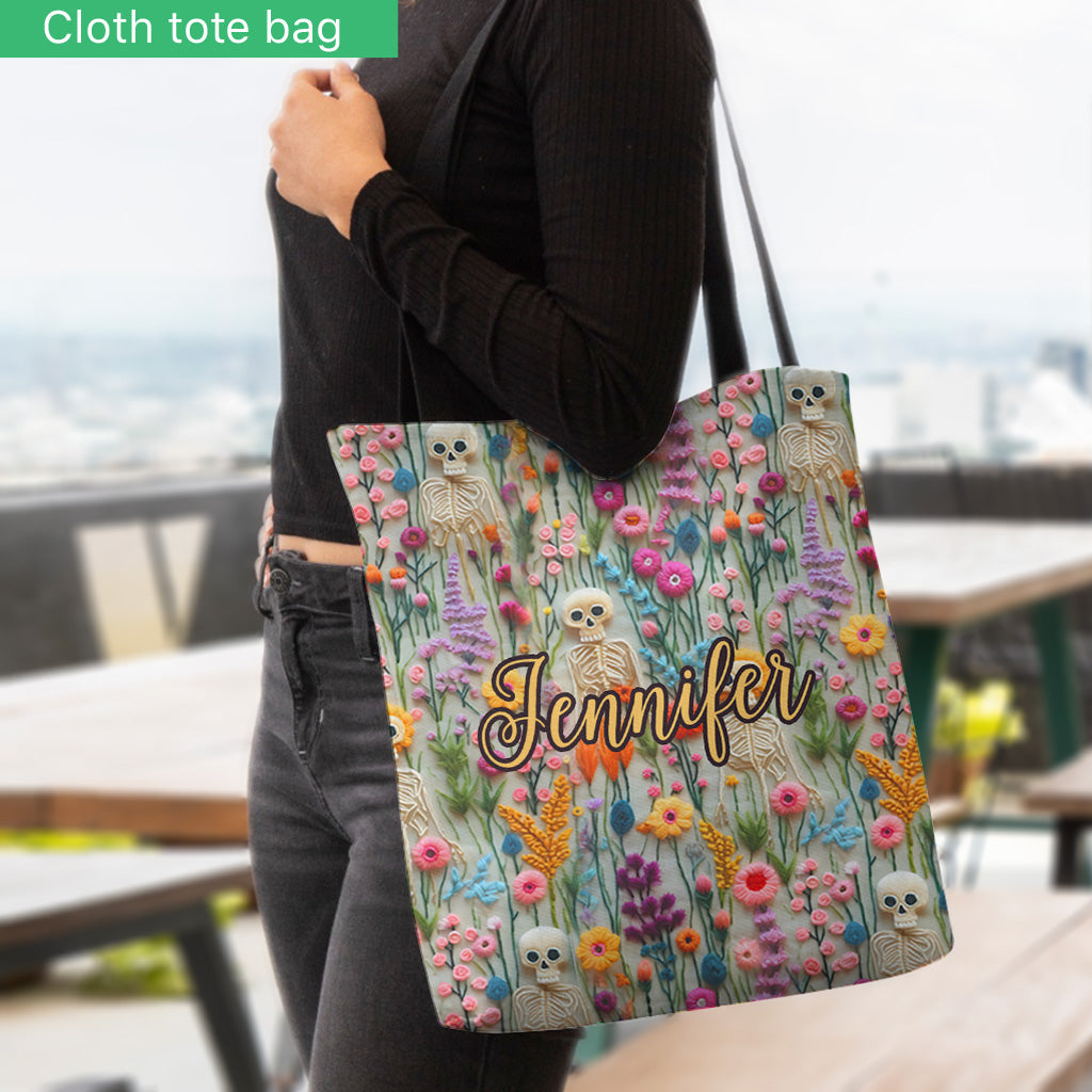 Sac fourre-tout personnalisé à motif floral squelette et crâne