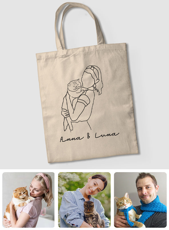 Sac fourre-tout brodé personnalisé avec photo au trait et motif chat