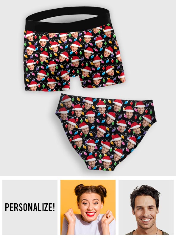 Any Photo Upload Colorful Christmas Light - Personalized Couple Women Briefs & Men Boxer Briefs