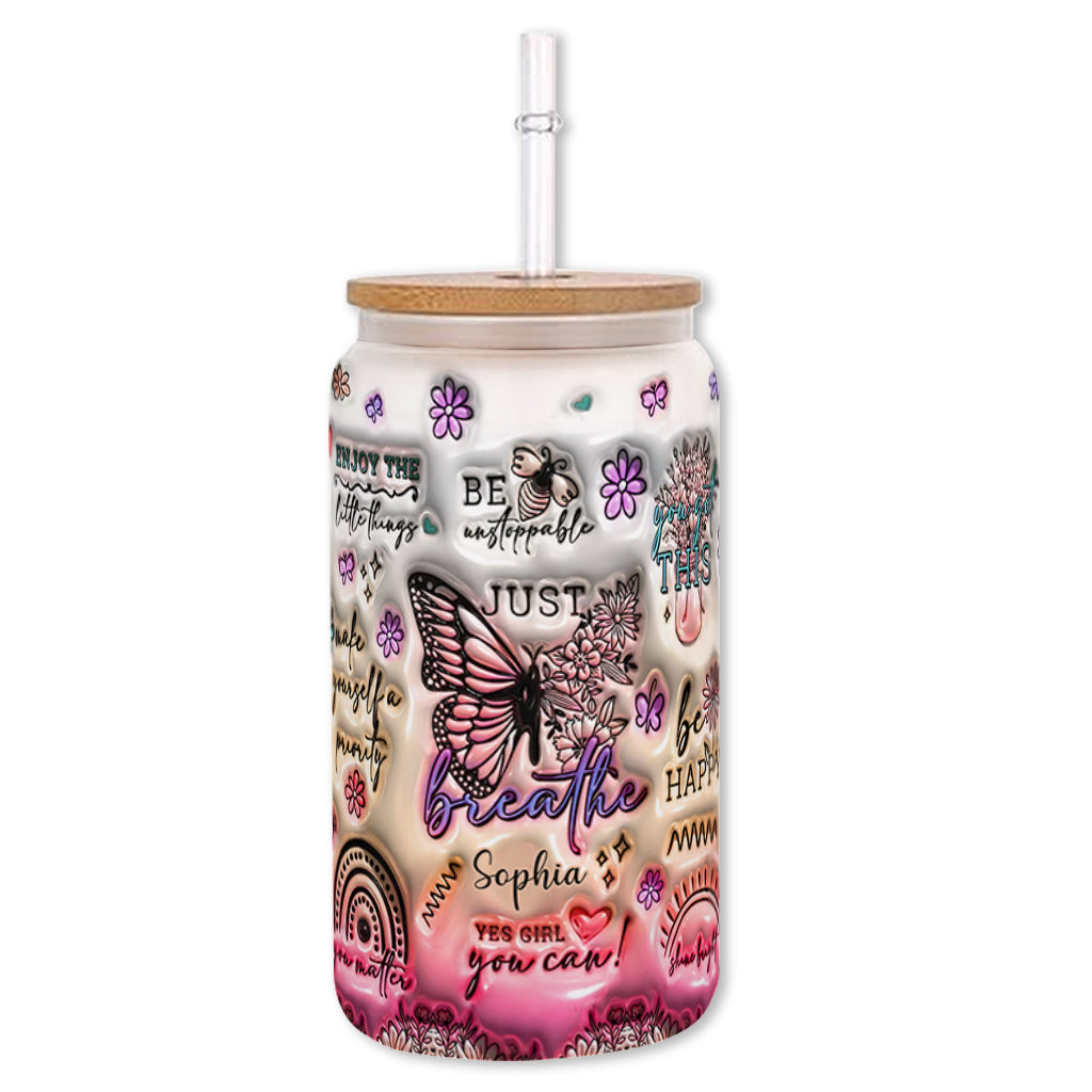 Positive Affirmations Butterfly - Personalized Butterfly Can Glass