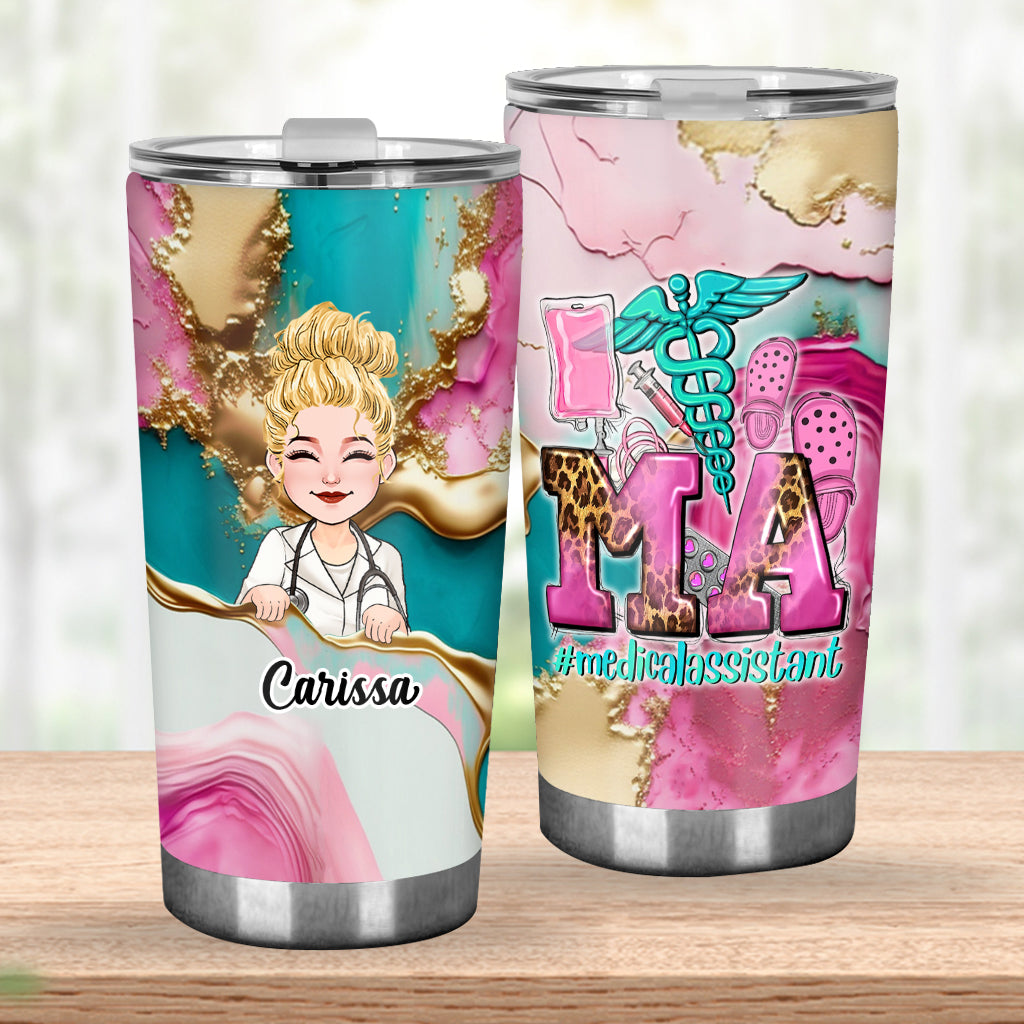 Gobelet isotherme personnalisé « Infirmière » rose léopard bleu turquoise - Tatouage infirmier/infirmière