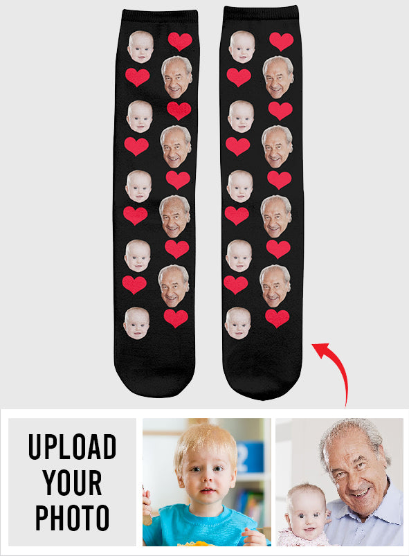 Chaussettes personnalisées pour grand-père avec motif cœur et visage personnalisé
