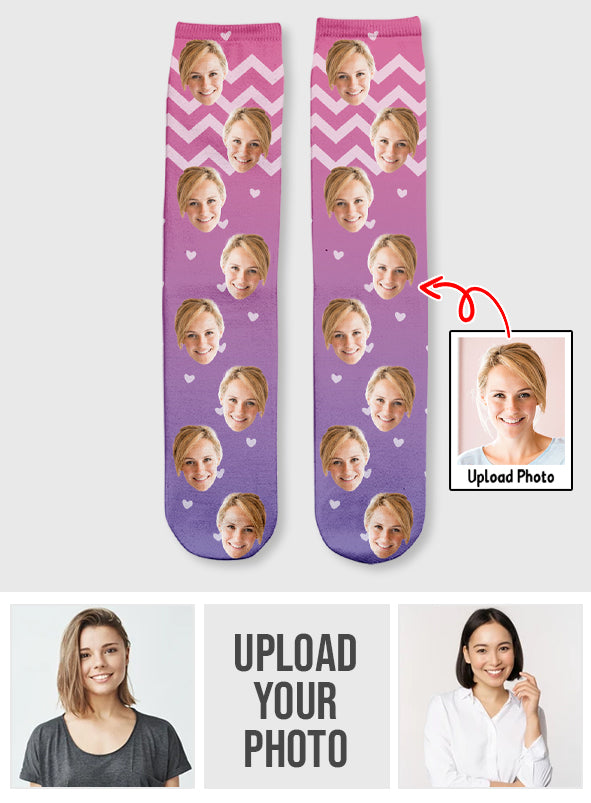 Chaussettes personnalisées pour maman, motif violet et visage personnalisé