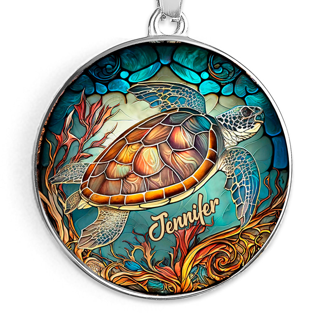 J'adore les tortues - Collier pendentif rond personnalisé en forme de tortue