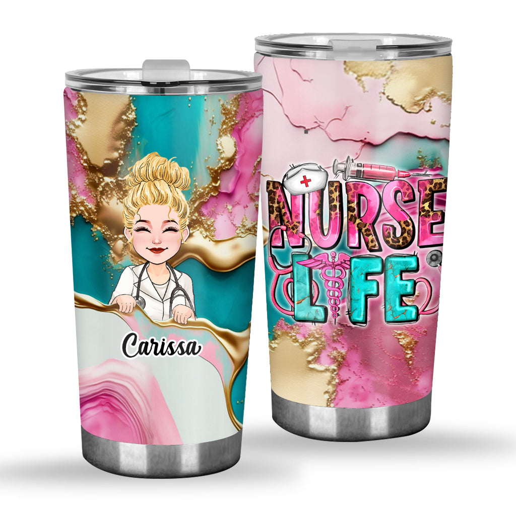 Gobelet isotherme personnalisé « Infirmière » rose léopard bleu turquoise - Tatouage infirmier/infirmière