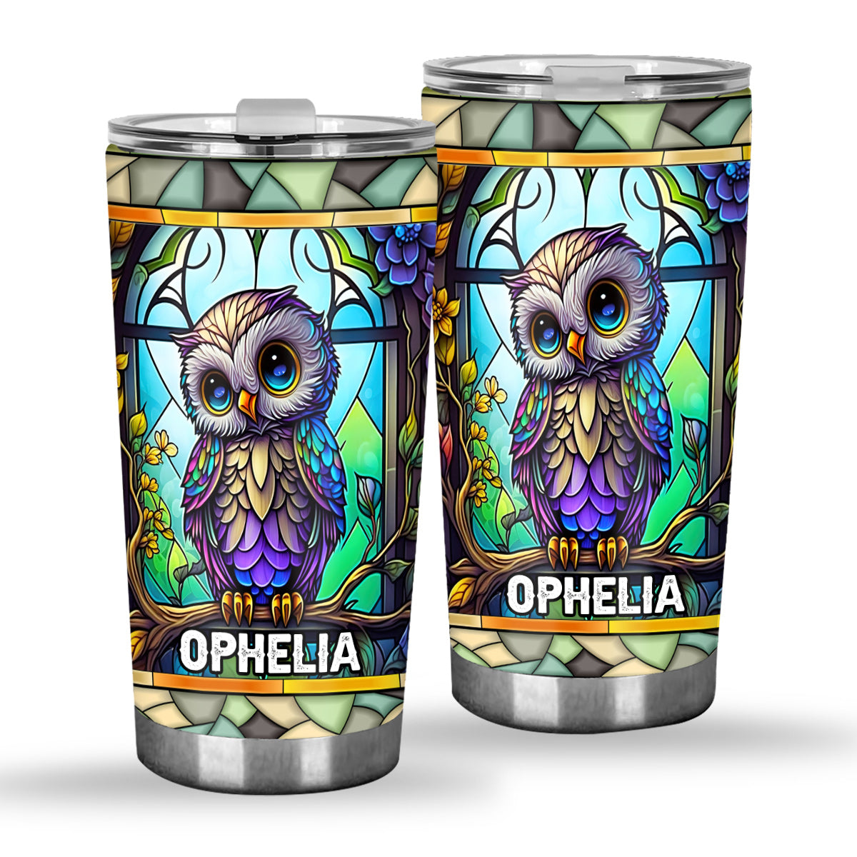 Gobelet personnalisé en verre vitrail avec motif hibou mignon