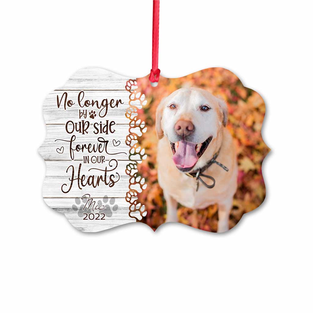 No Longer By Our Side But Forever In Our Hearts - Personalized Christmas Dog Ornament (Printed On Both Sides)