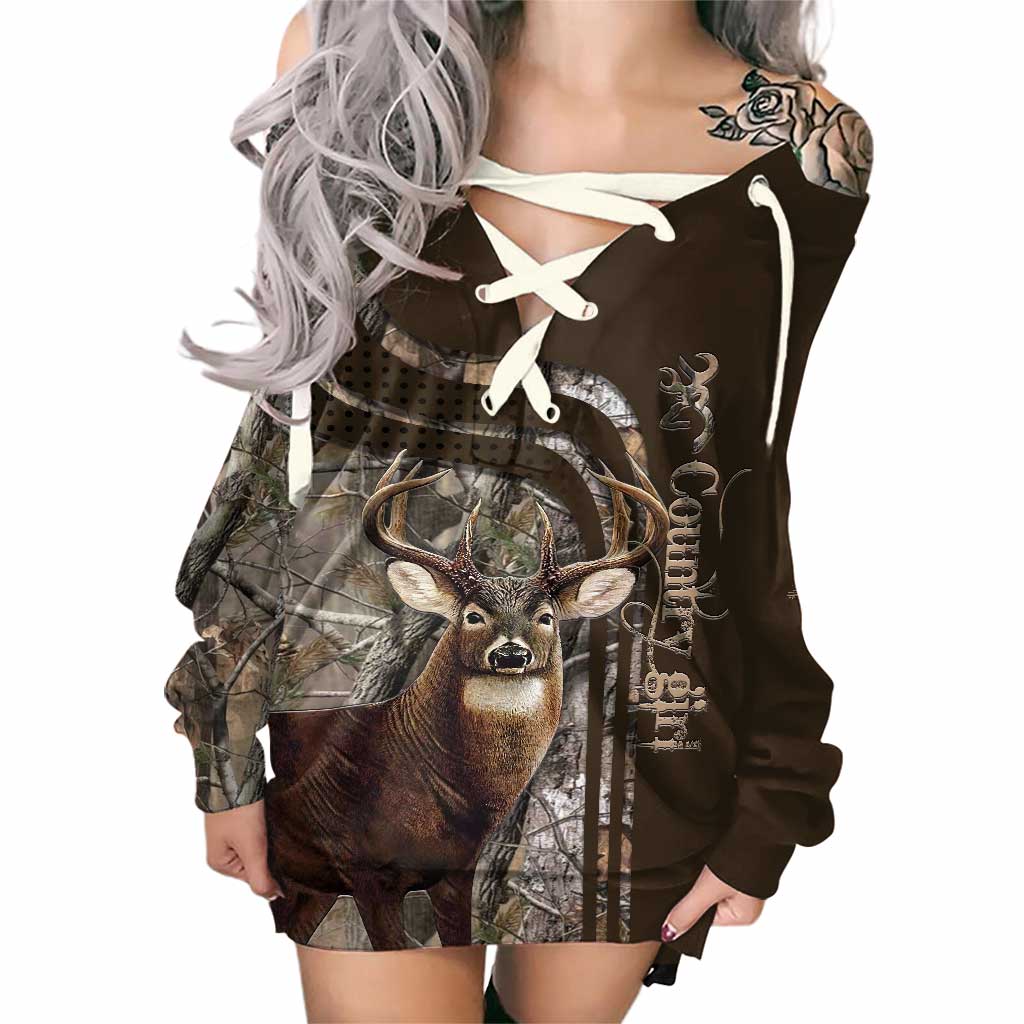 Robe de chasse personnalisée Country Girl Real Tree - Robe à manches longues et épaules dénudées - Épaules dénudées