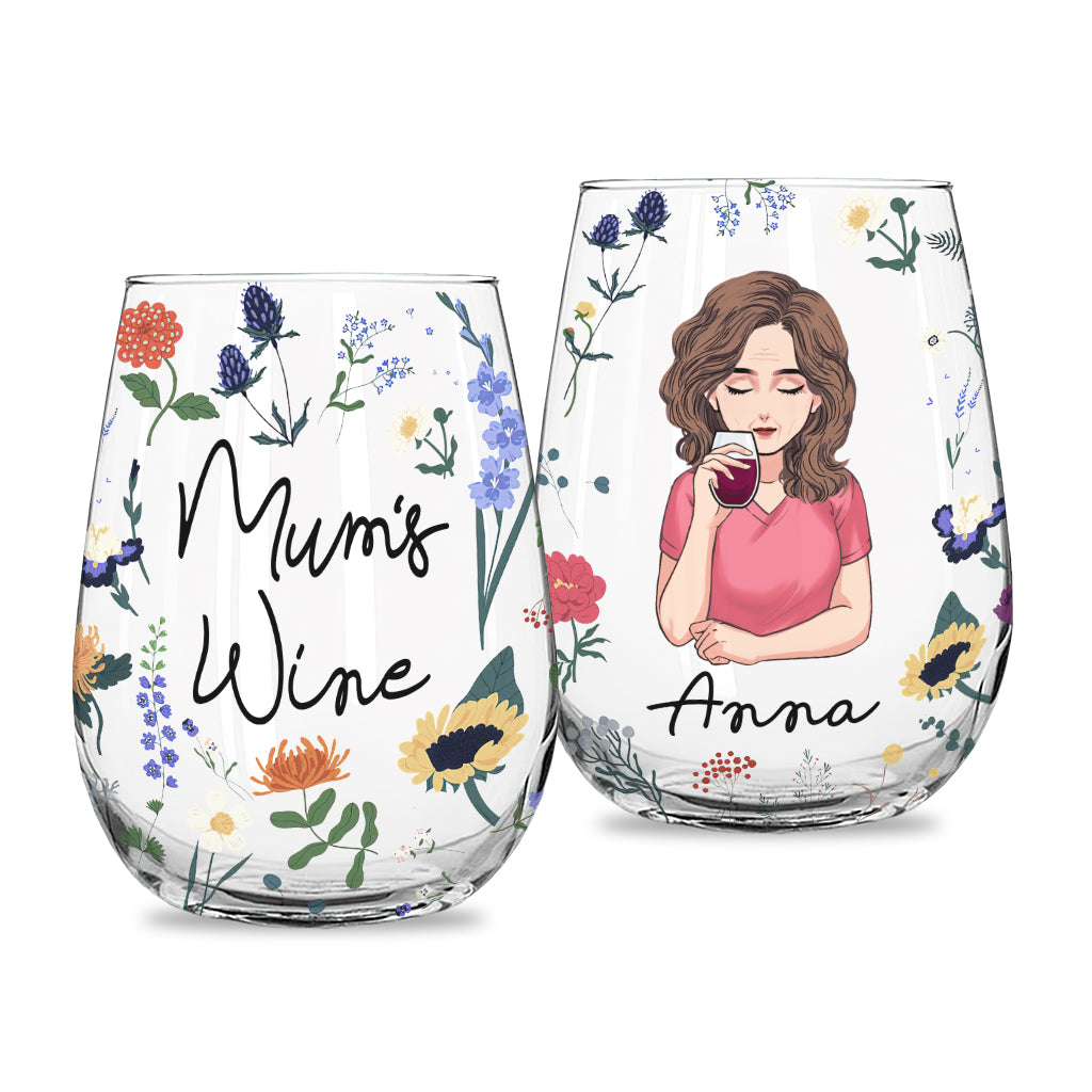 Verre à vin « Maman » à motif floral et botanique - Verre à vin personnalisé pour la fête des mères.