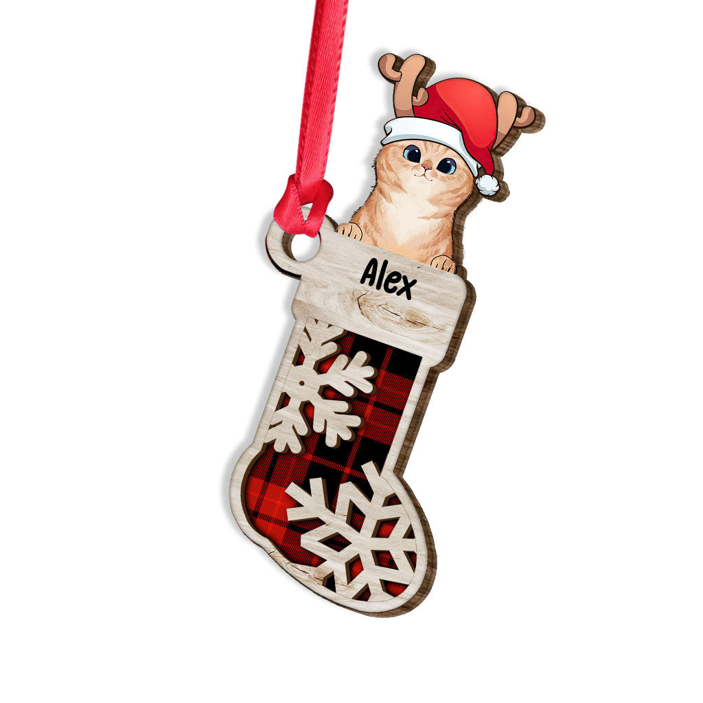 Chaussette Chat Adorable - Ornement de Noël Chat Personnalisé en Bois à Couches