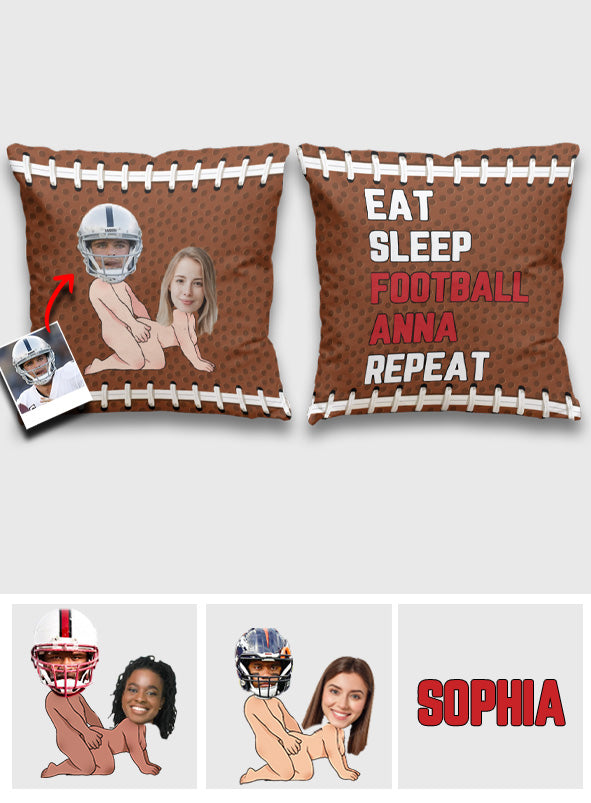 Manger, dormir, jouer au football, et on recommence ! - Coussin décoratif de football personnalisé