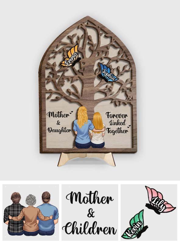 Mère, fille et fils unis pour toujours - Papillons - Plaque en bois personnalisée à 2 couches - Motif papillons