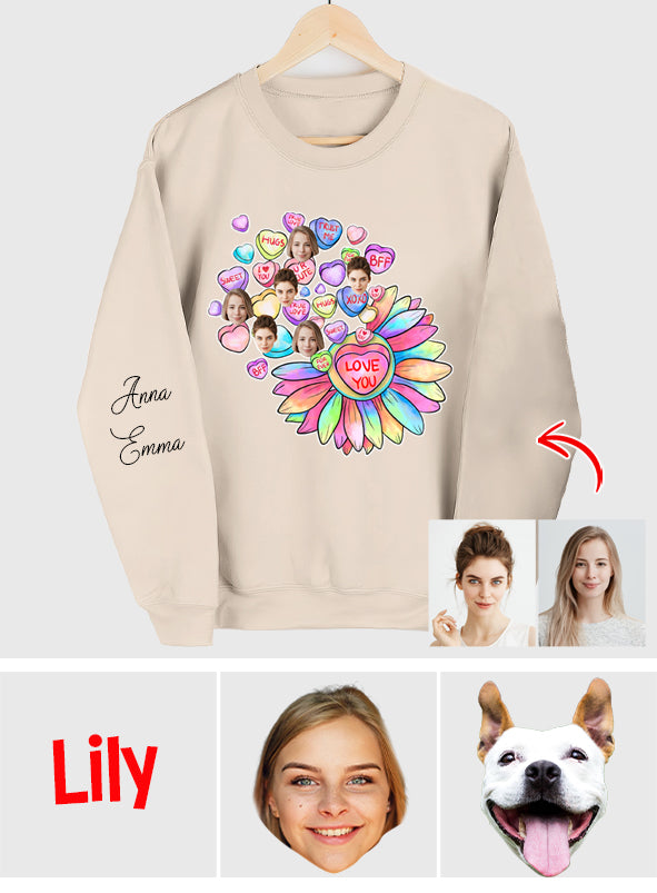 T-shirt personnalisé « Meilleure amie » avec cœur, bonbon et fleur, et visage