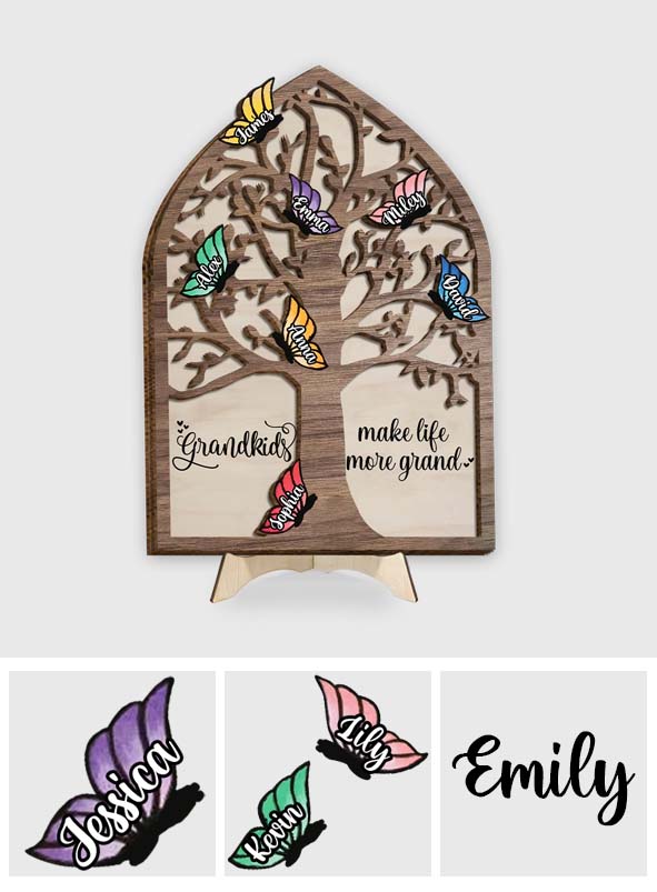Les petits-enfants rendent la vie plus belle - Plaque en bois personnalisée « Papillons » (2 couches) pour grand-mère
