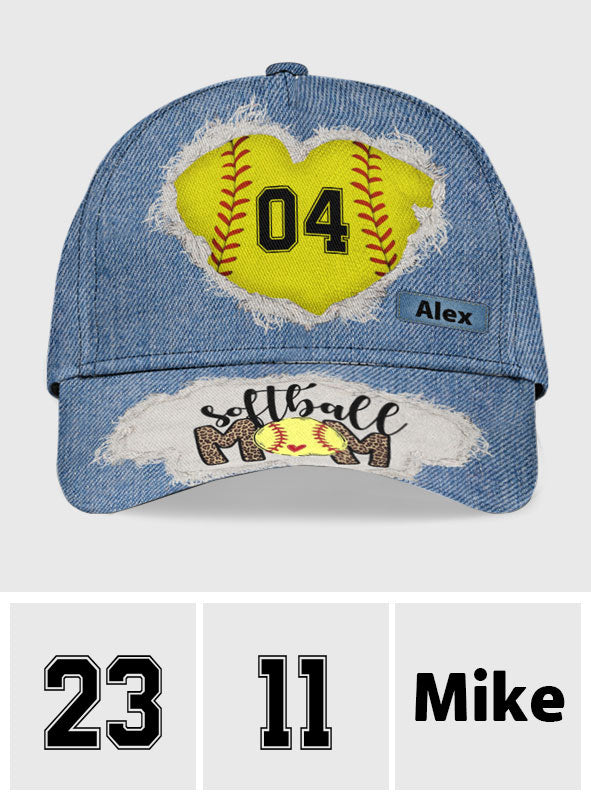 Softball Mom Number Custom Denim Pattern - Personalized Softball Classic Cap