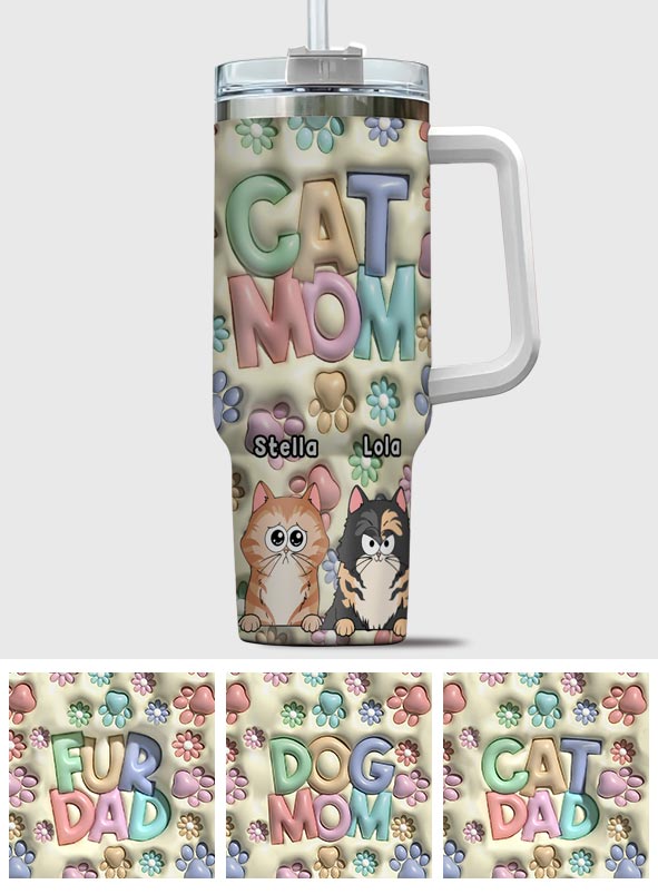 Pet Mom/ Pet Dad Inflated Paws & Flowers - Personalized Dog Tumbler With Handle