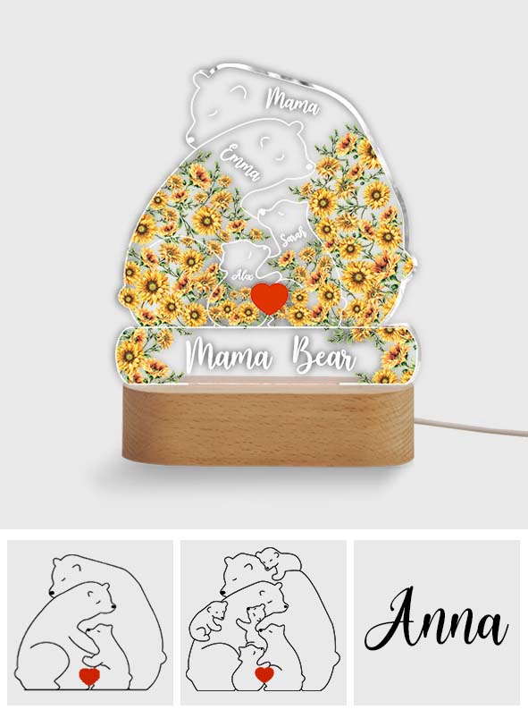 Plaque lumineuse personnalisée « Maman Ours Tournesol » - Socle lumineux en forme de mère