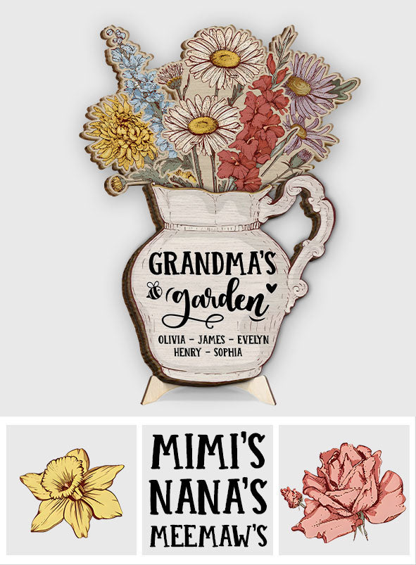 Vase de fleurs de naissance du jardin de grand-mère - Panneau en bois personnalisé à 2 niveaux pour grand-mère