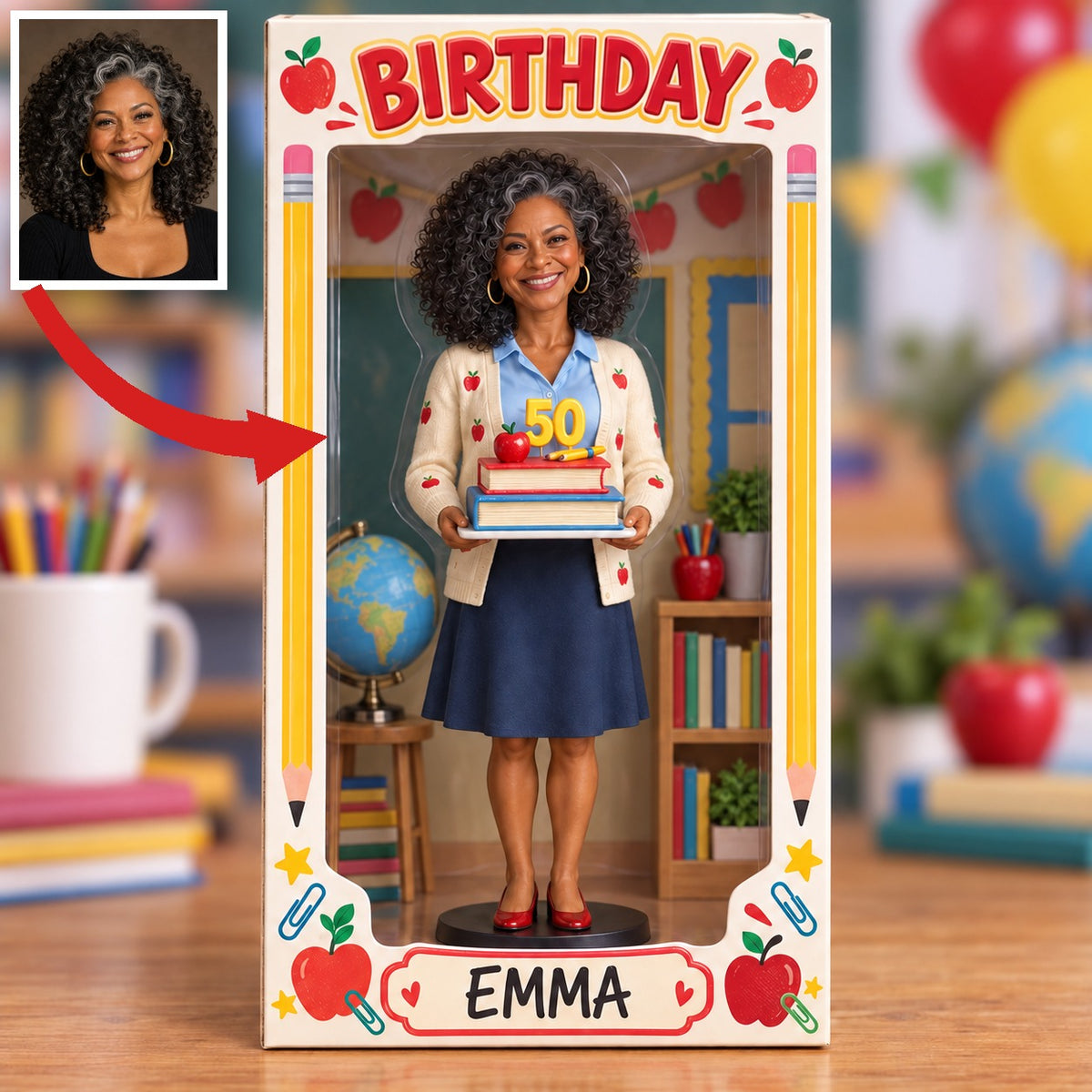 Personalized Teacher Acrylic Display Box - Birthday Gift with Custom Portrait Figurine
