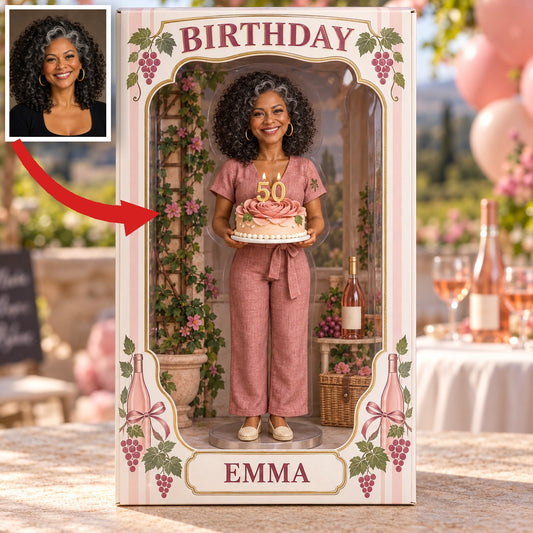Personalized Wine Lover Figurine Display Box - Rosé Birthday Photo Portrait with Custom Name and Age