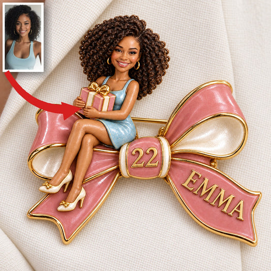 Personalized Birthday Bow Brooch - Custom Portrait, Name and Age