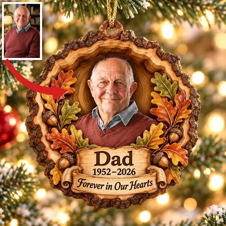 Personalized Custom Photo Dad Memorial Oak Leaf Layered Wood Ornament - Christmas Remembrance Keepsake
