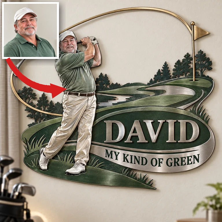 Art Mural Métallique de Golf Personnalisé - Portrait et Nom, Décor de Golfeur