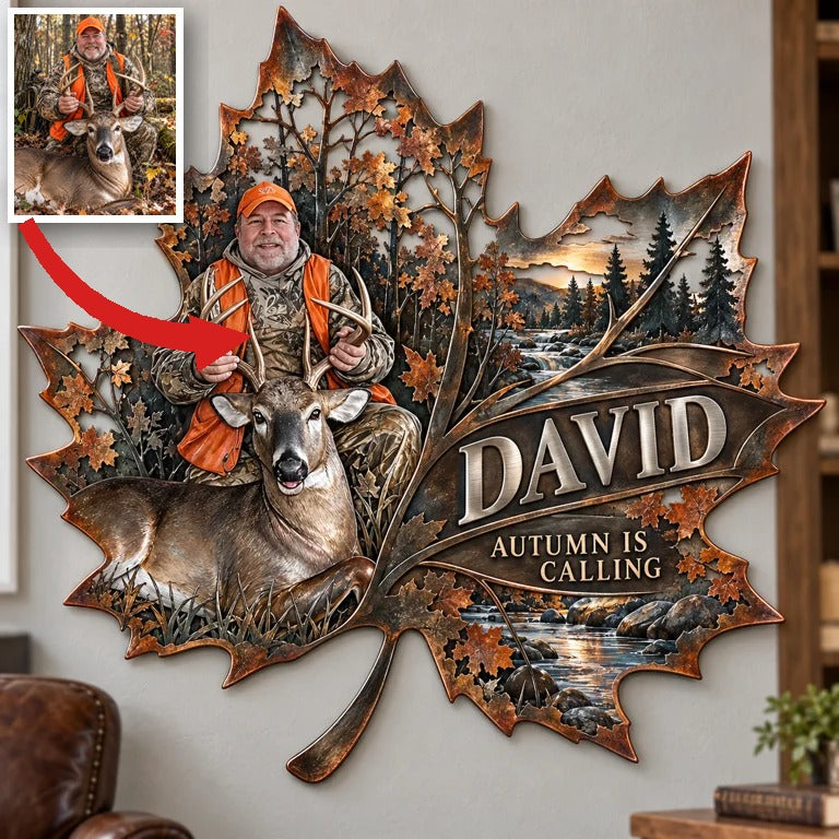 Personalized Hunting Metal Sign - Autumn Maple Leaf Wall Art with Custom Photo, Name and Text