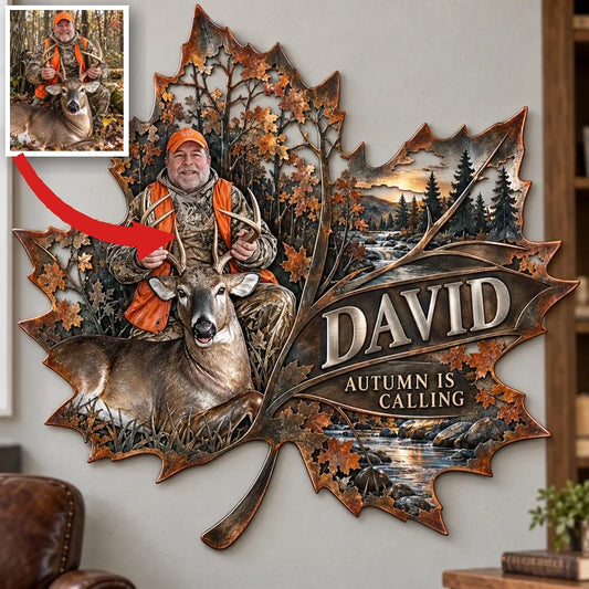 Panneau Métallique Personnalisé de Chasse - Art Mural Feuille d'Érable d'Automne avec Photo, Nom et Texte Personnalisés