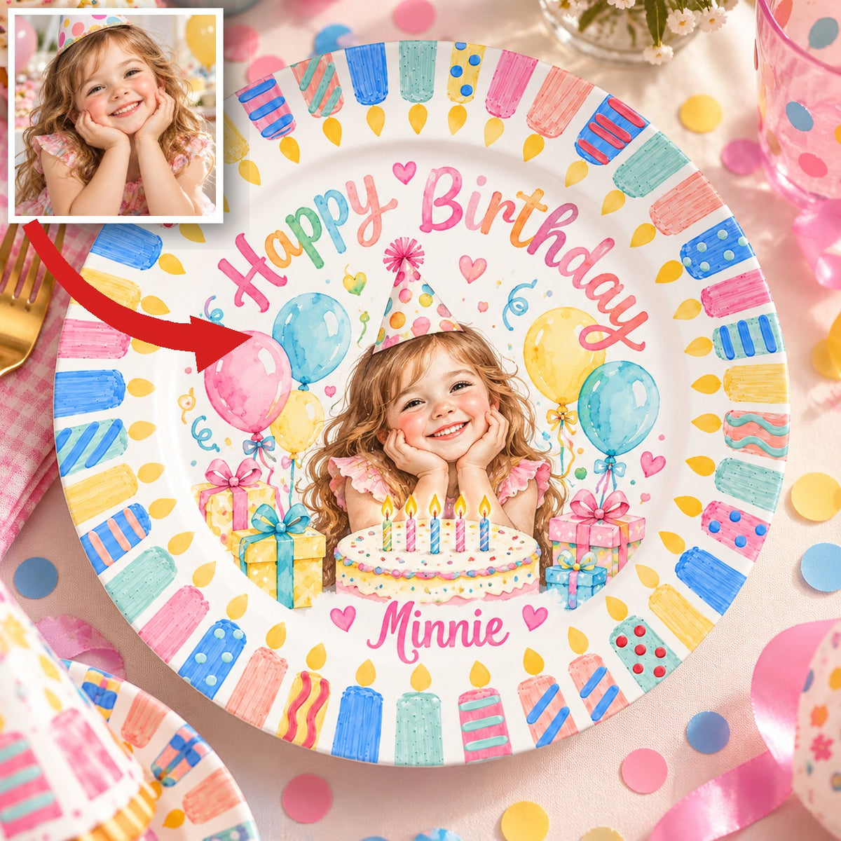 Personalized Birthday Ceramic Round Plate - Watercolor Portrait Gift