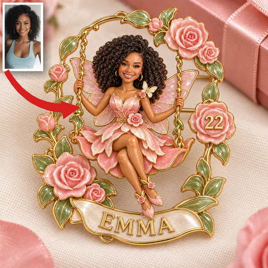Personalized Birthday Fairy Brooch - Rose Swing, Portrait, Name and Age