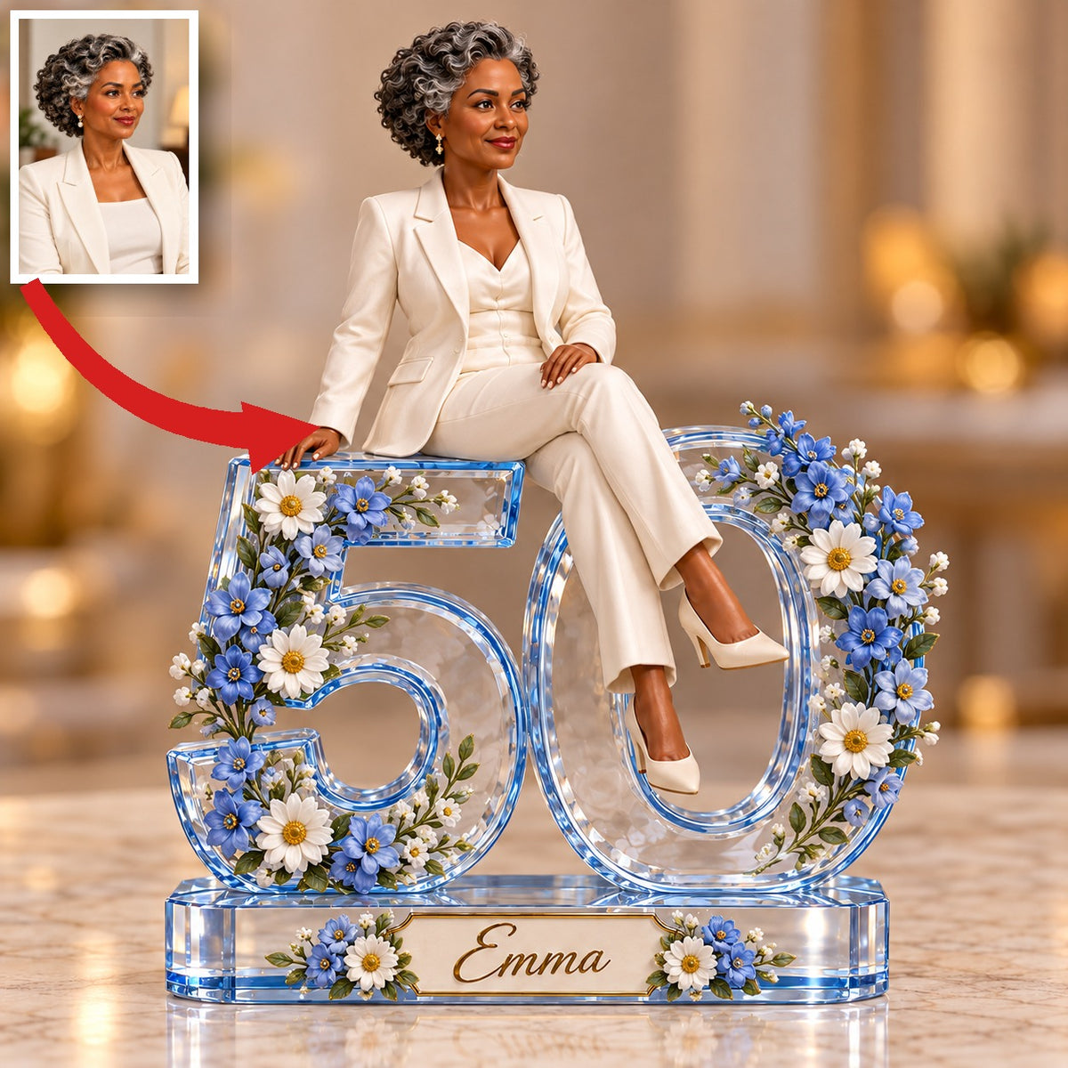 Personalized Custom Photo Blue Daisy Custom Shaped Acrylic Plaque - 50th Birthday Gift for Women