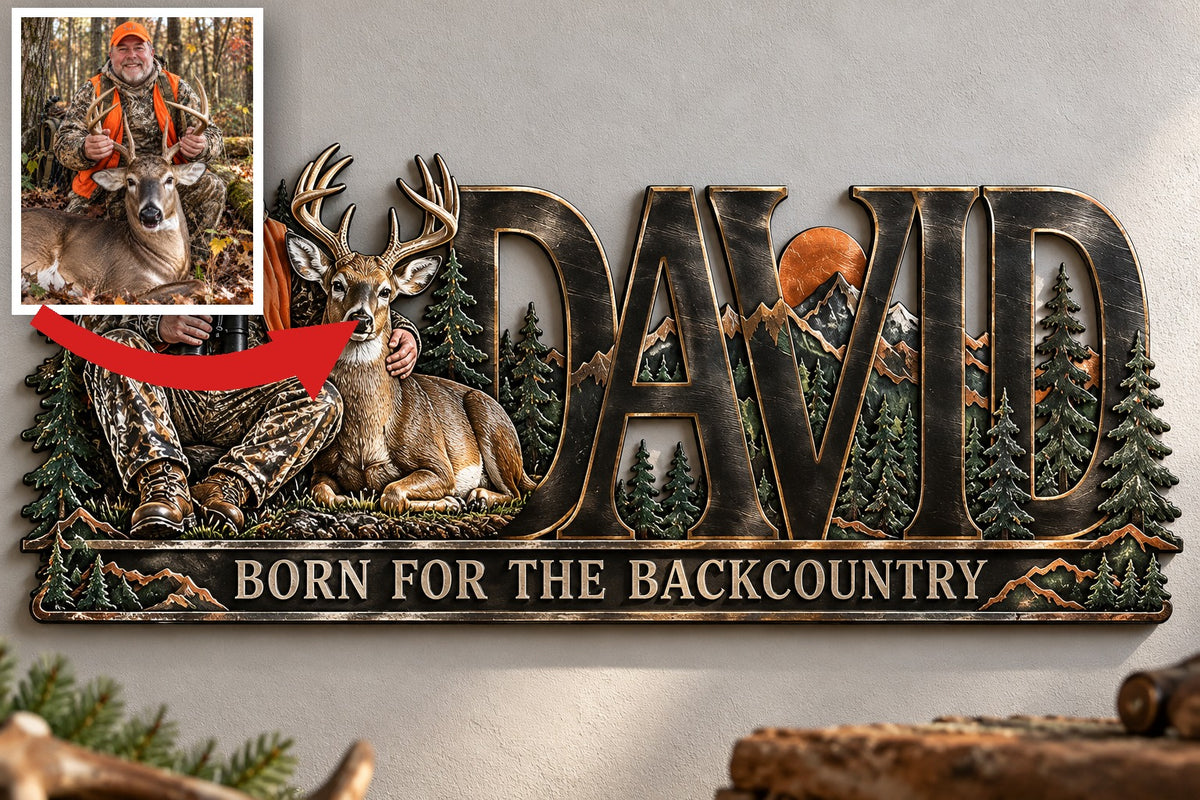 Personalized Hunting Metal Sign - Custom Photo and Name Wall Art with Forest and Mountain Design