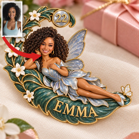Personalized Reclining Fairy Brooch - Birthday Gift with Custom Photo, Name and Age, Crescent Fern Leaf