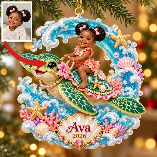 Personalized Custom Photo Sea Turtle 3D Ornament - 2026 Christmas Gift for Little Girls