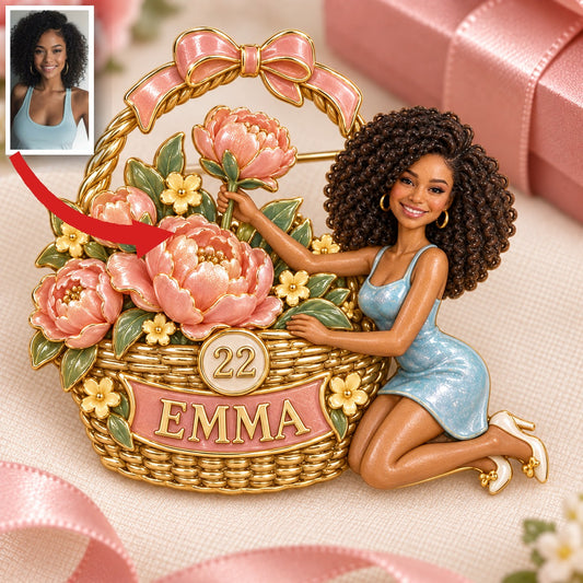 Personalized Birthday Flower Basket Brooch - Sculpted Portrait, Name and Age