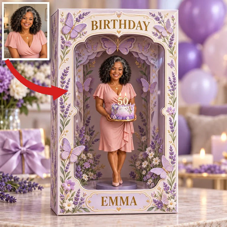 Personalized Custom Photo Lavender Butterfly Figurine in Acrylic Display Box - 50th Birthday Gift for Women