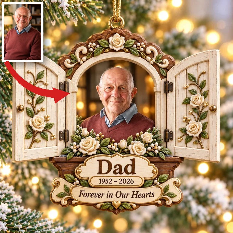 Personalized Custom Photo Dad Memorial Open Window Layered Wood Ornament - Christmas Remembrance Keepsake