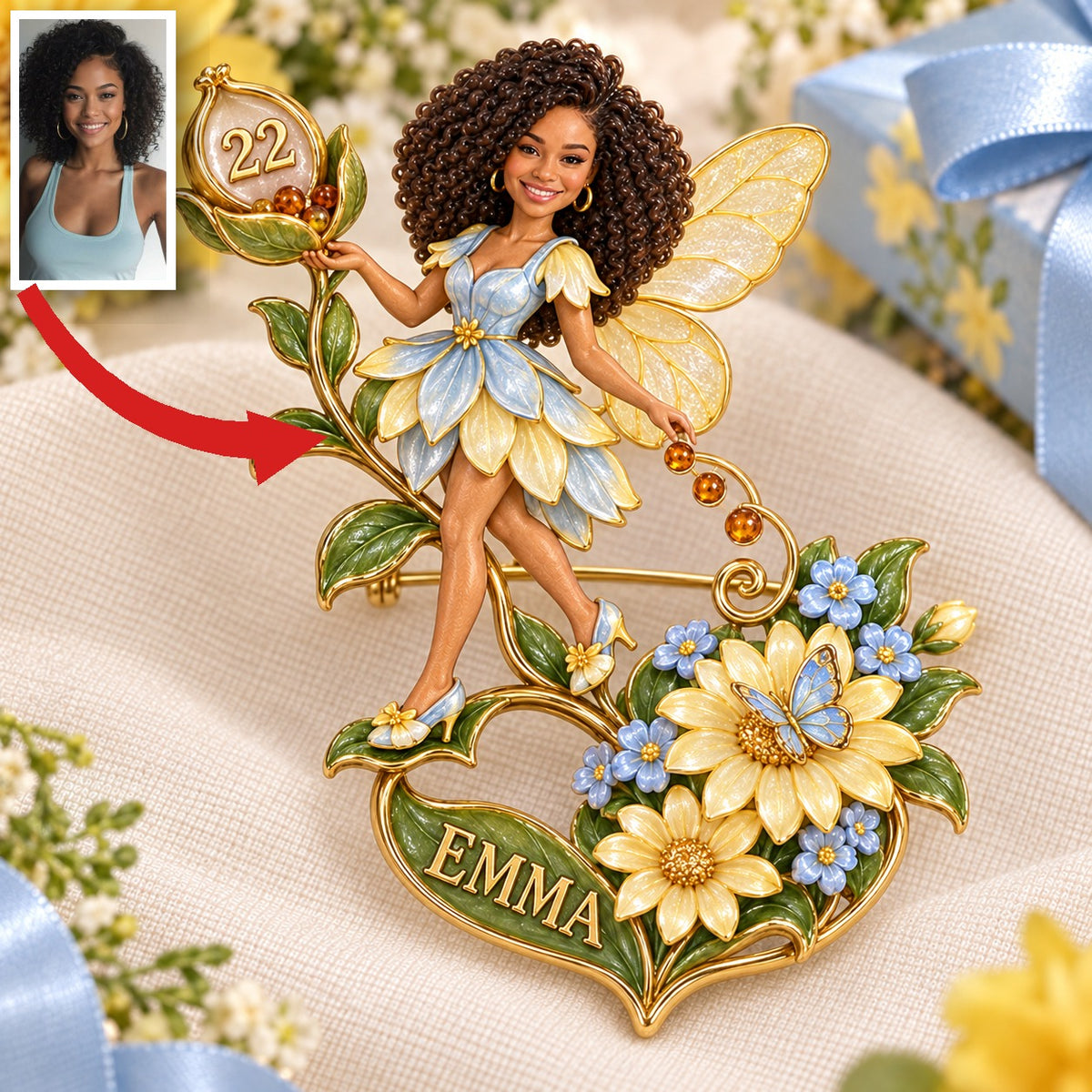 Personalized Wildflower Seedkeeper Fairy Brooch - Birthday Gift with Custom Photo, Name and Age