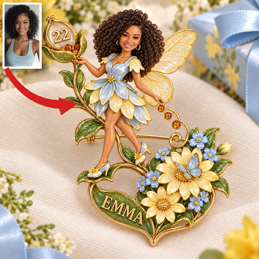 Personalized Wildflower Seedkeeper Fairy Brooch - Birthday Gift with Custom Photo, Name and Age